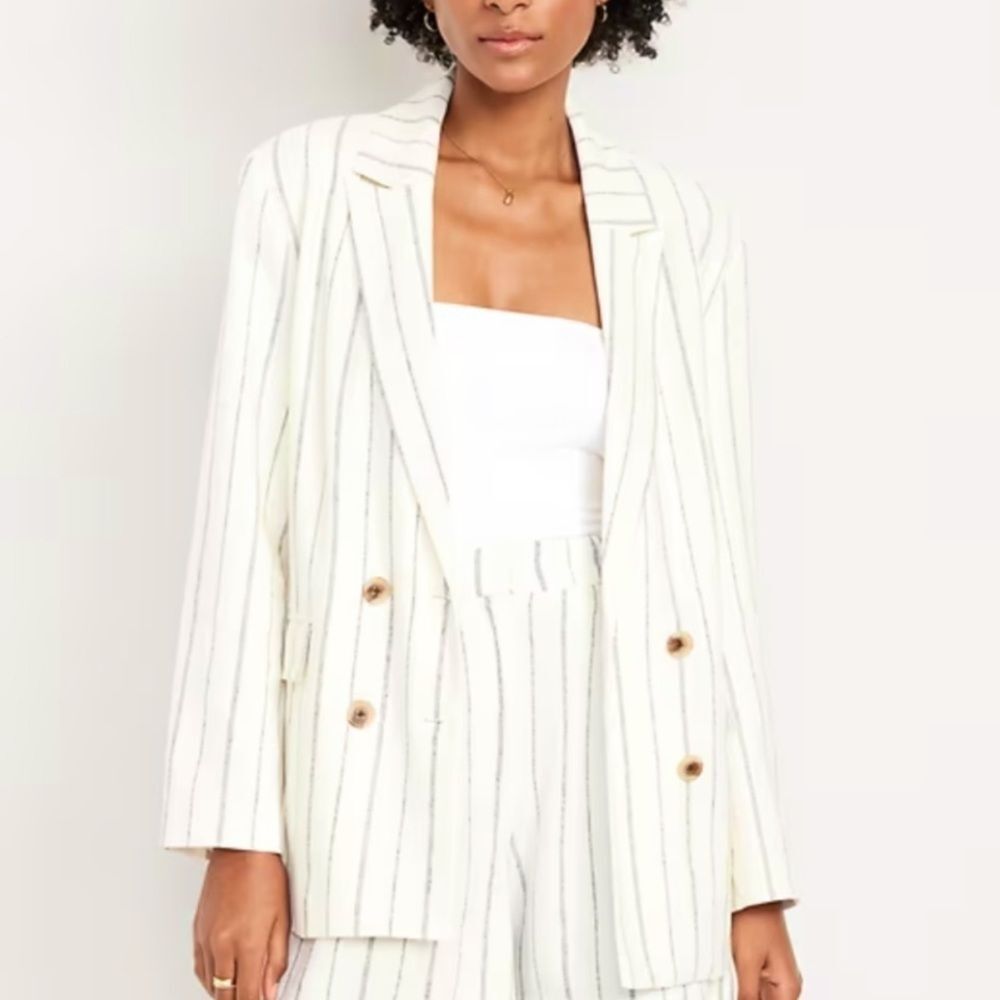 NWT Off-White & Navy Blue Double-breasted Linen Blazer Sz L Preppy Business